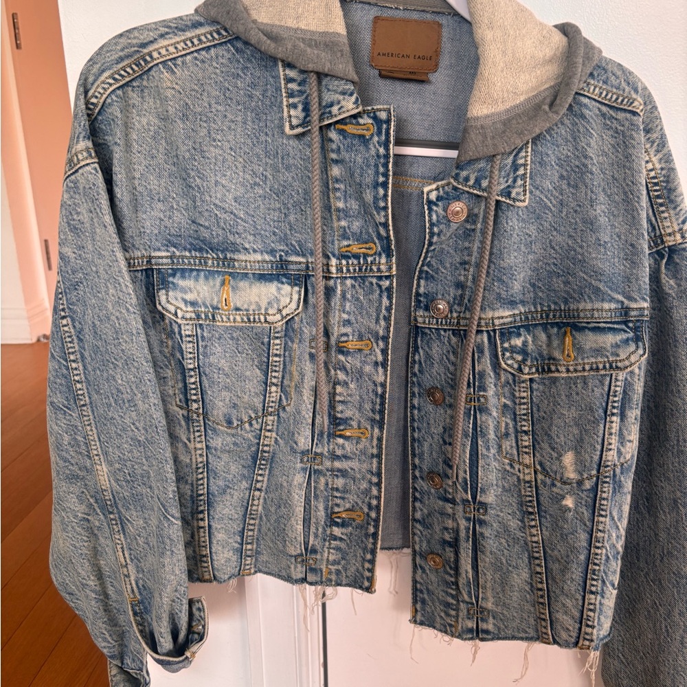 American Eagle Blue Denim Jacket with Tan Hoodie